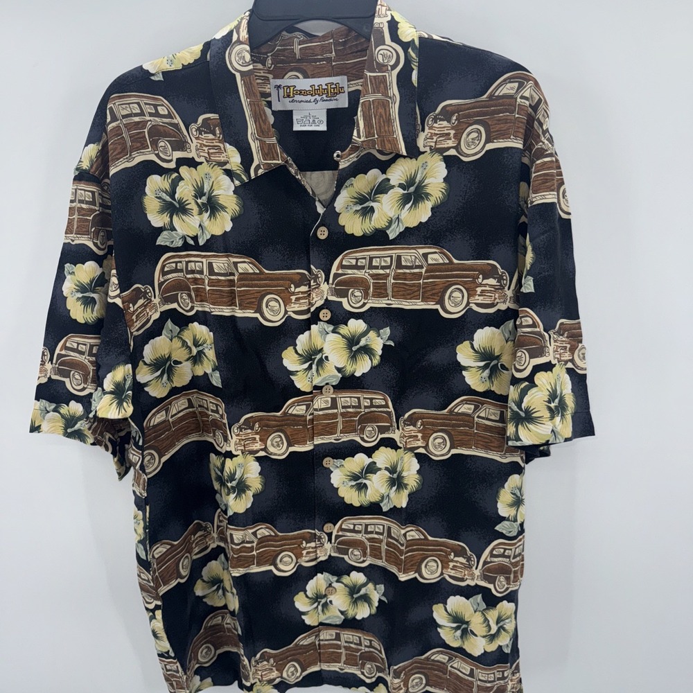 HONOLULU‎ LULU Paradise Silk Hawaiian Shirt Men Large Wagon Tropical 100% SILK